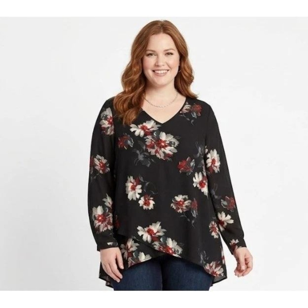 Chelsea & Theodore Black Floral V-Neck Blouse XL Layered Hem Long Sleeve‎ Top